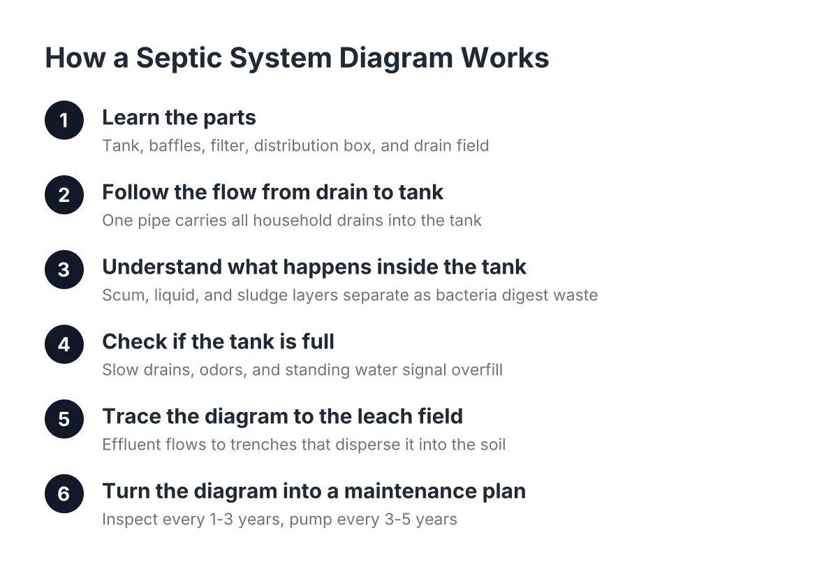 Diagram of septic system steps from drain line through tank to leach field