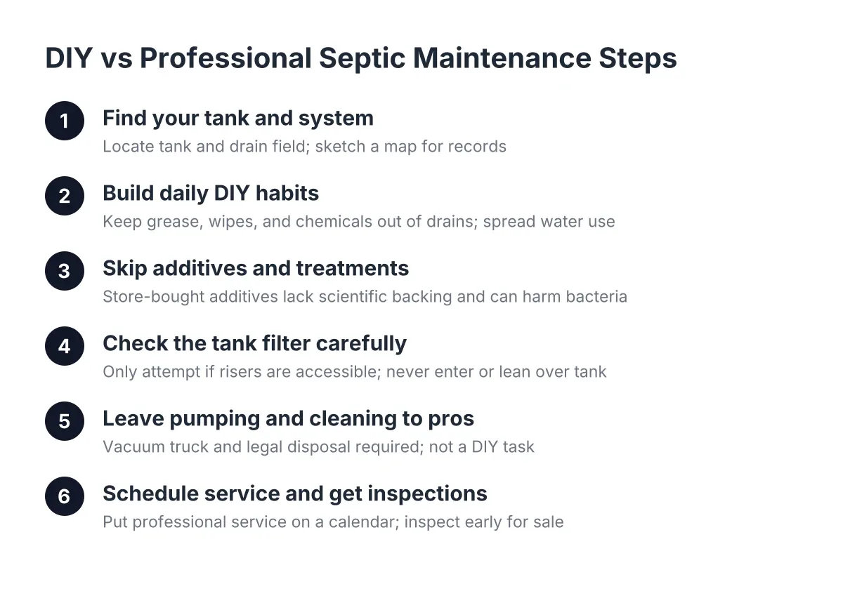 Step sequence showing DIY septic tank maintenance tasks versus professional cleaning steps