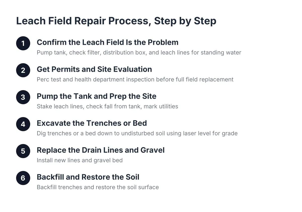 Diagram of the leach field repair process steps from diagnosis to soil restoration